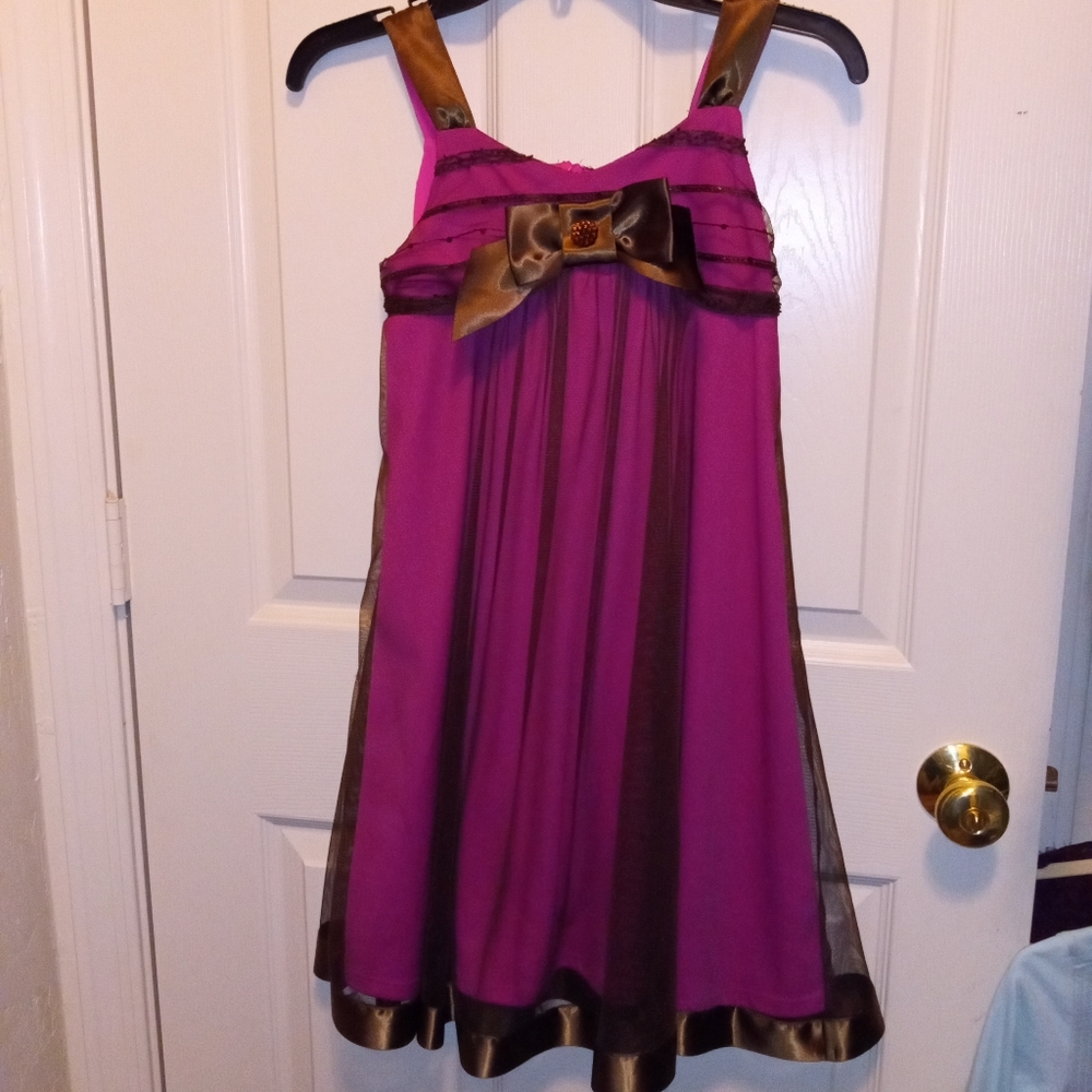 Bonnie Jean Brown Lace and Magenta Dress Satin/Beaded Bow Girls Size 12